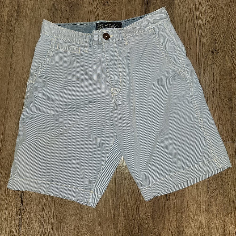 Men's American Eagle Light Blue and White Striped Shorts.
